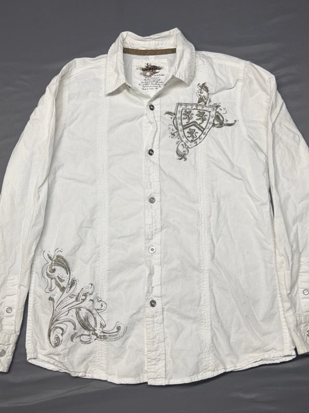 White Embroidered Casual Button-Down Shirt - Men's